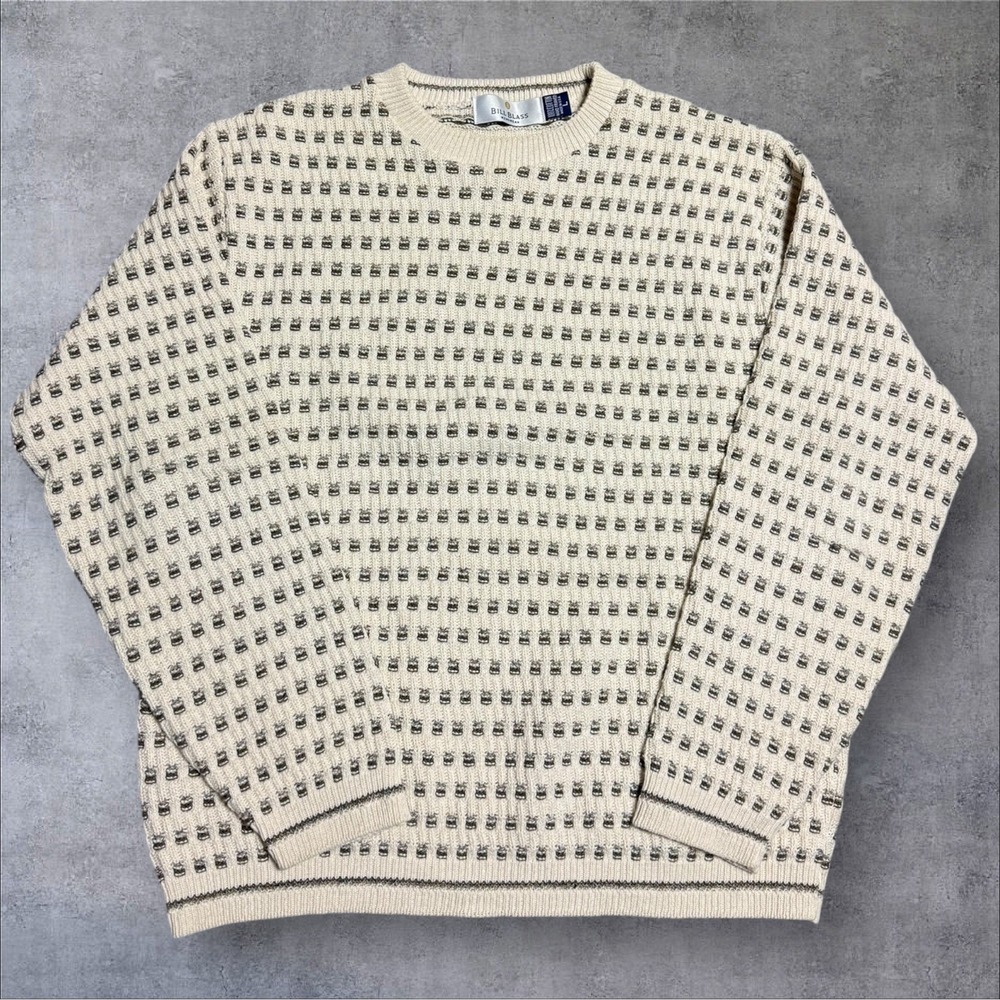 VINTAGE‎ Bill Blass Sweater Mens L  Crème Textured Hand Framed Grandpa USA